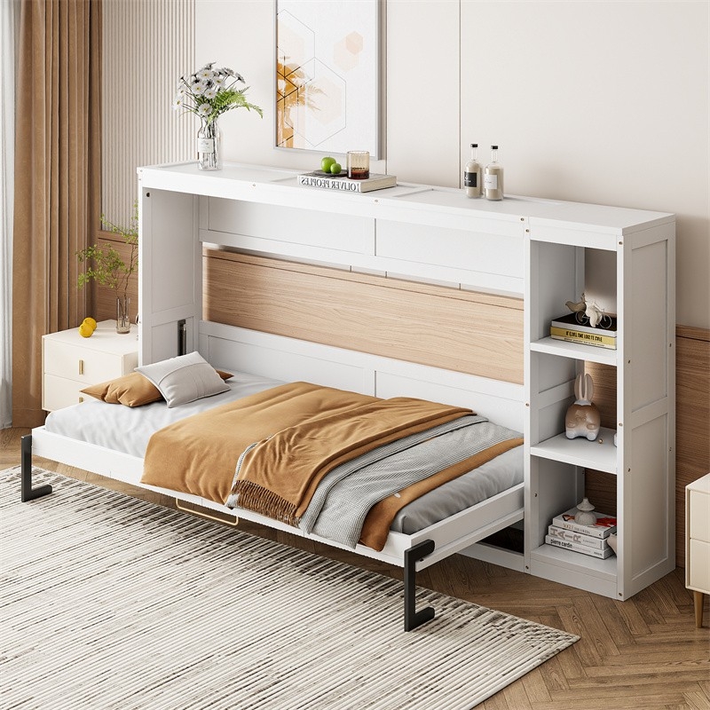 White Horizontal Murphy Bed with 3-Tier Integrated Shelving