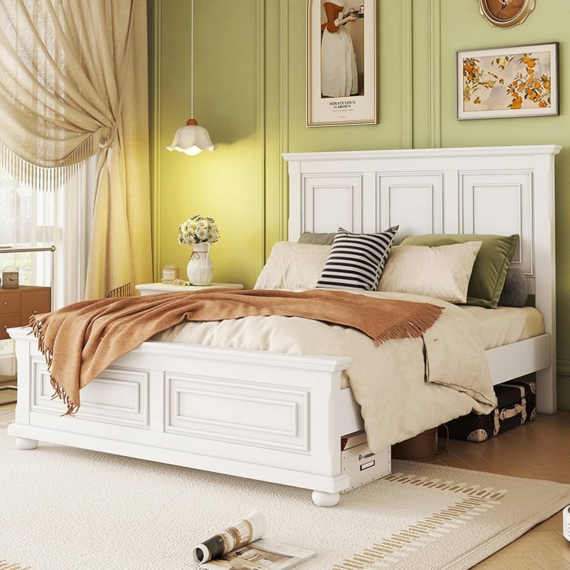 White King Bed Frame with Tall Paneled Headboard, Farmhouse Style