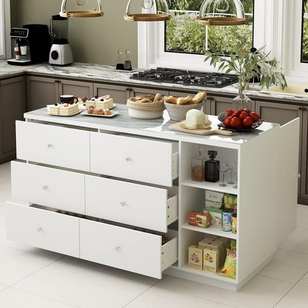 White Kitchen Island with Six Drawers and Marble Top