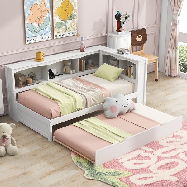 White L-Shaped Bookcase Daybed with Trundle and Storage