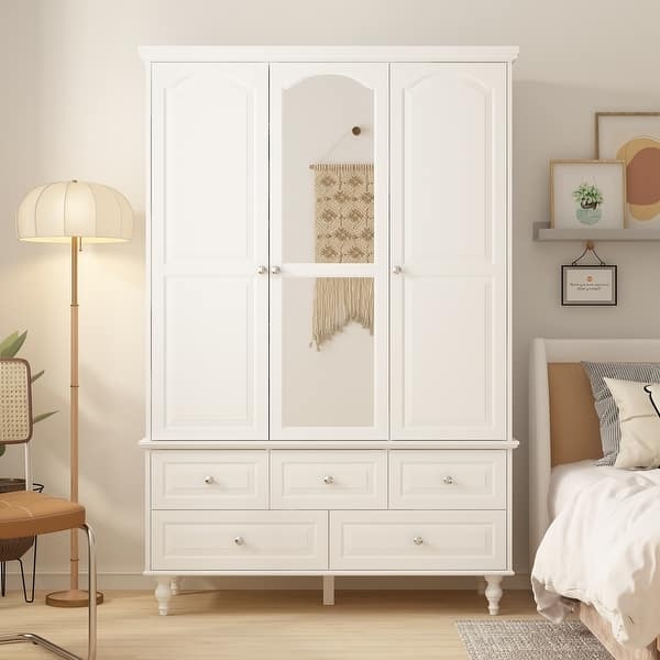 White Lacquered Armoire with Arched Mirror and Five Drawer Base