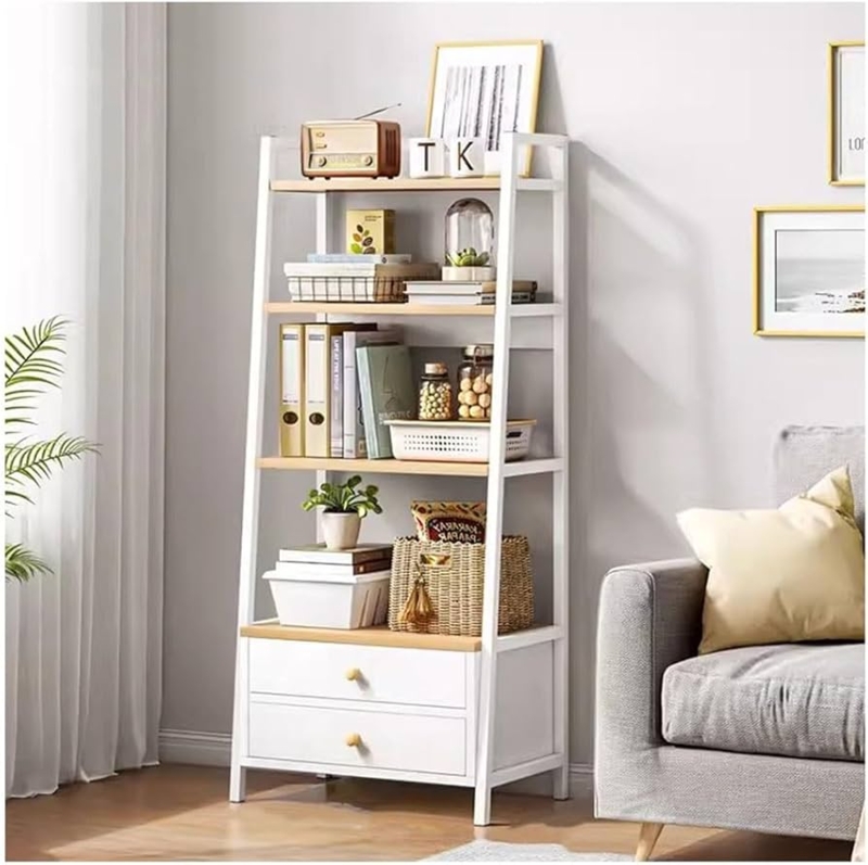 White Ladder Bookcase Two-Tone Light Wood Shelves 2 Drawers Scandi