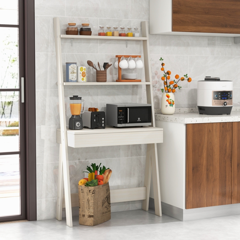White Ladder Desk with Drawer Leaning Shelves Minimalist Kitchen