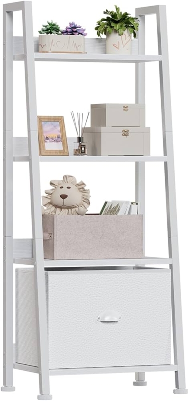 White Ladder Shelf 4-Tier Minimalist Metal with Fabric Drawer