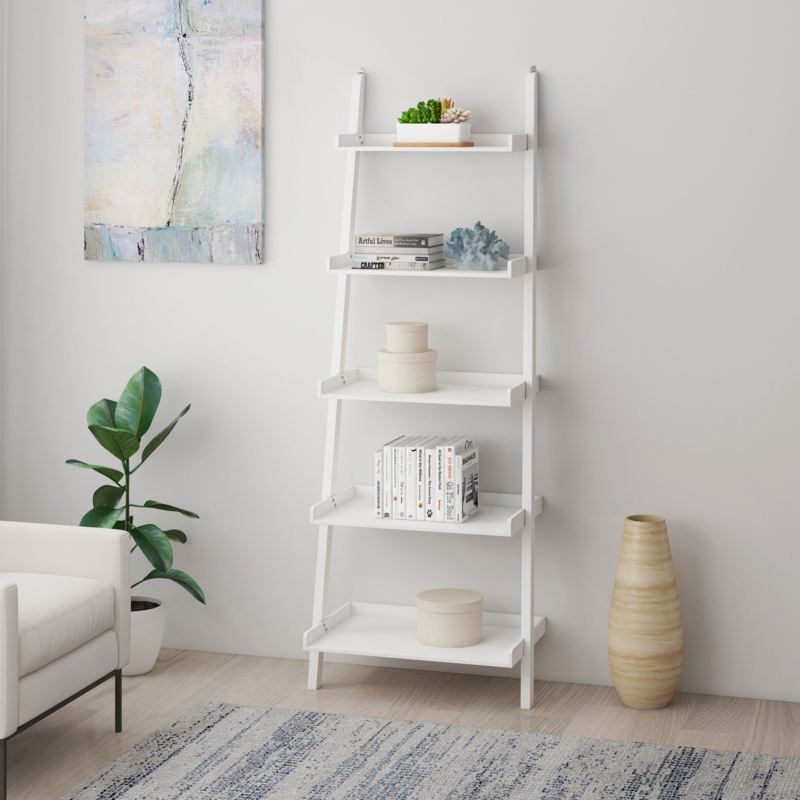 White Leaning Ladder Bookcase Five Tier Minimalist Shelving Unit