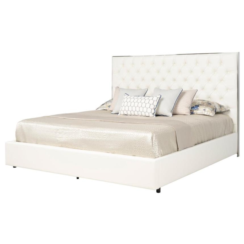 White Leather-Like Storage Bed Silver Metal Frame Diamond Tufted