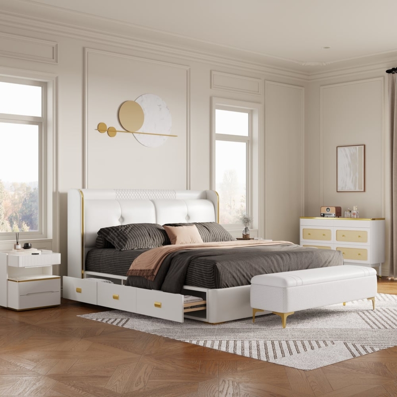 White Leather Storage Bed Wingback Headboard Gold Hardware Modern Glam