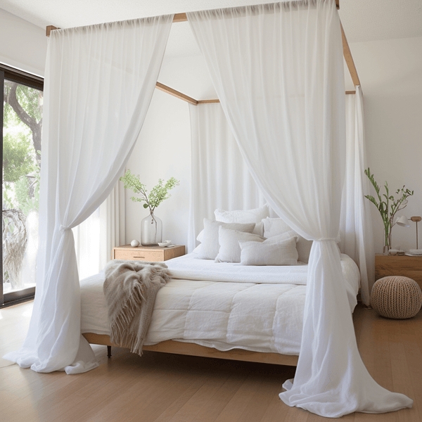 White Linen Bed Canopy Curtains, Sheer Floor-Length Drapery Panels