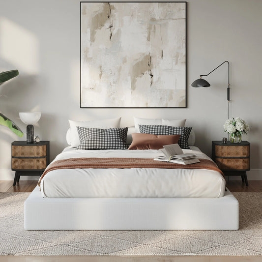 White Low Profile Floor Bed Upholstered Platform Base