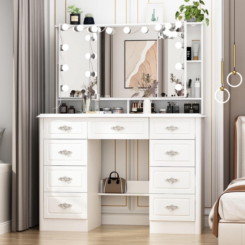 White Makeup Desk with Lighted Tri-Fold Mirror and Storage