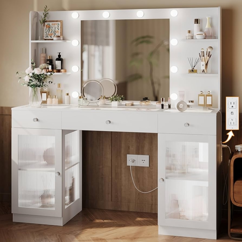 White Makeup Vanity, Fluted Glass Doors & Crystal Knobs