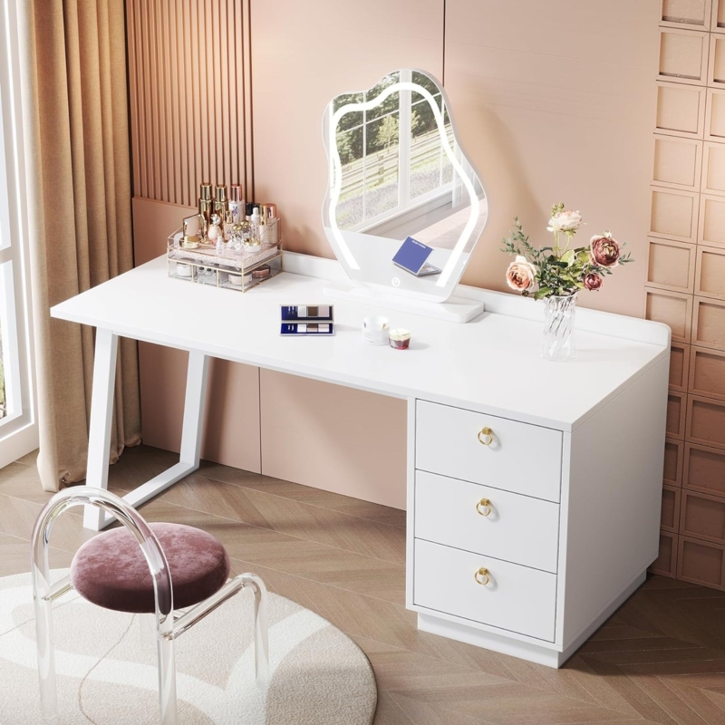 White Makeup Vanity with Asymmetrical Lighted Mirror