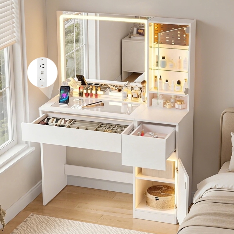 White Makeup Vanity with Glass Top and Jewelry Organizer