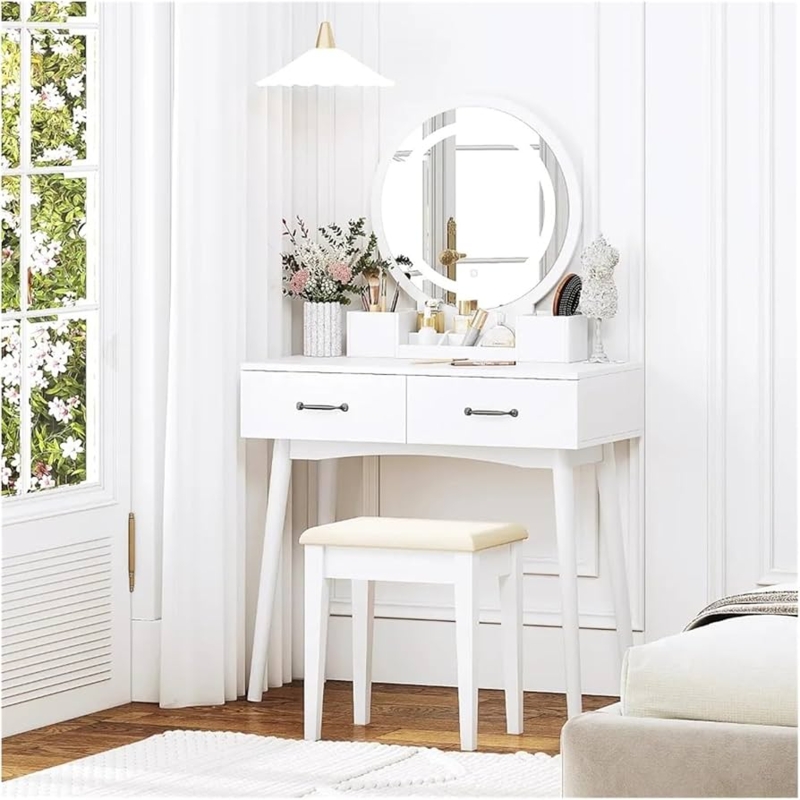 White Makeup Vanity with Lighted Round Mirror & Tapered Legs