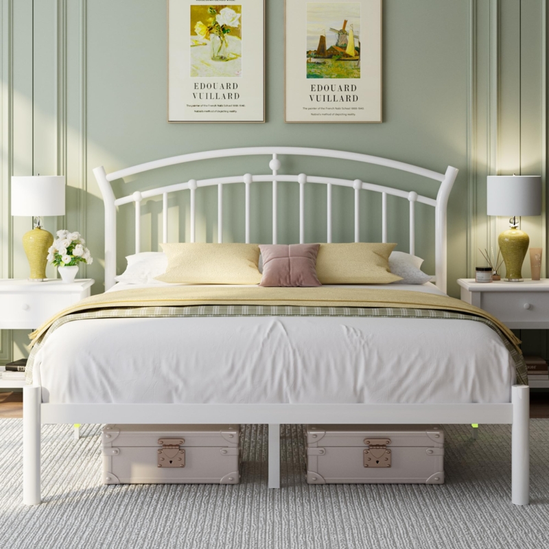 White Metal Bed Arched Headboard Spindled Design Transitional Cottage