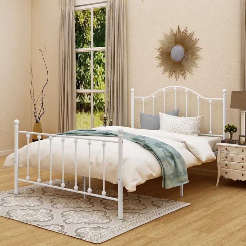 White Metal Bed Curved Spindle Design Ball Finials Cottage Style
