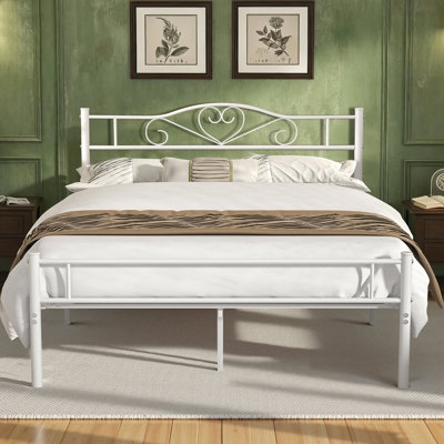White Metal Bed Frame With Heart Scrollwork Headboard Victorian Style