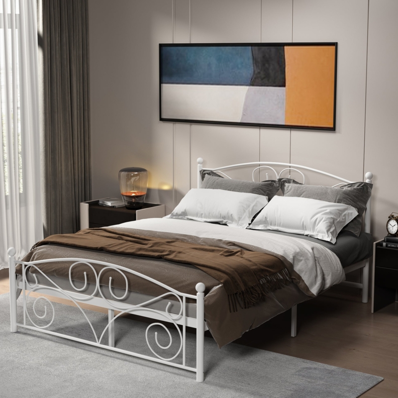 White Metal Bed Frame with Scrollwork Headboard and Decorative Finials