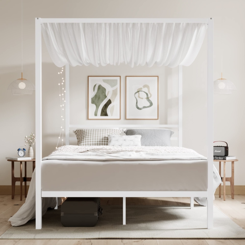 White Metal Canopy Bed Frame with Draped Fabric Top & High Clearance