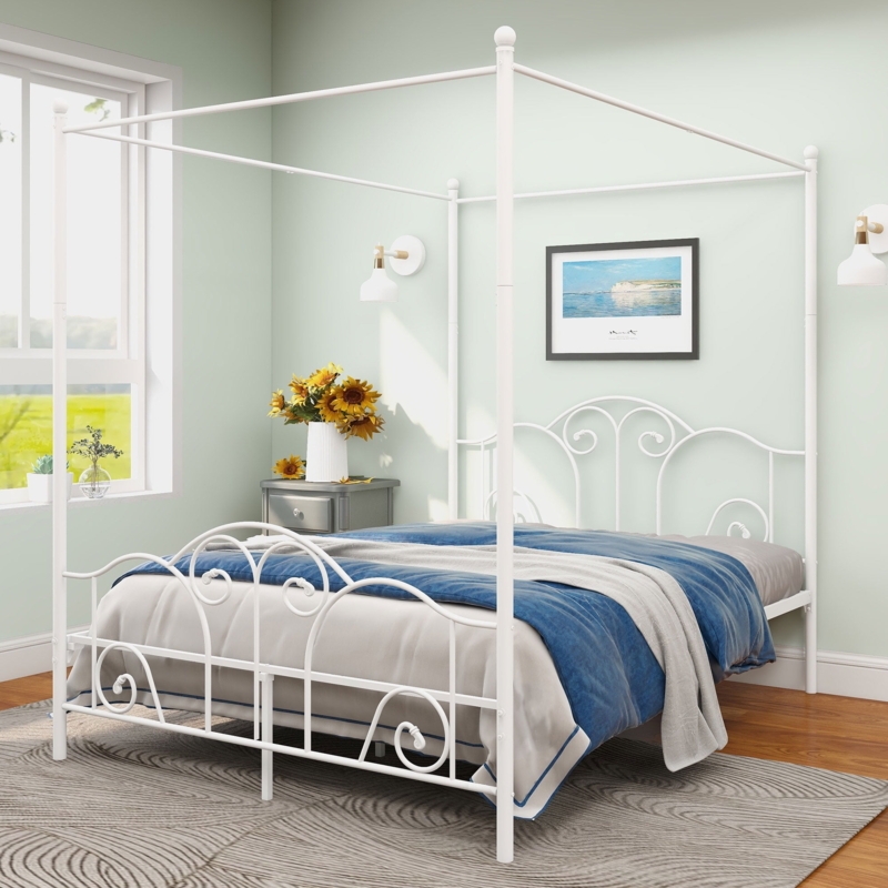 White Metal Canopy Bed with Decorative Scrollwork Headboard