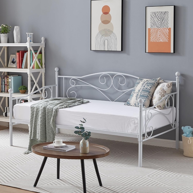 White Metal Daybed featuring Arched Scrollwork and Ball Finials