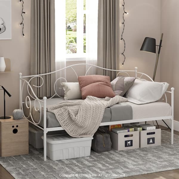 White Metal Daybed with Scrollwork Details and Underbed Storage