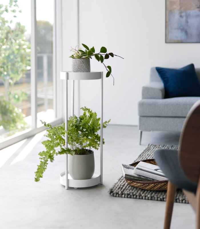 White Metal Plant Stand Rolling Casters Tray Shelves Minimalist