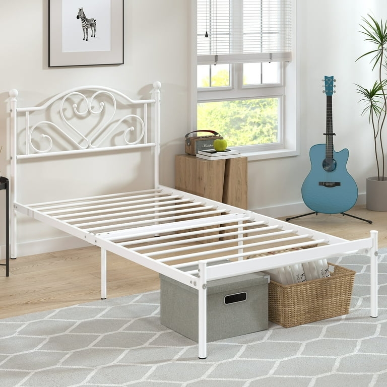 White Metal Platform Bed Frame with Ample Underbed Storage Space