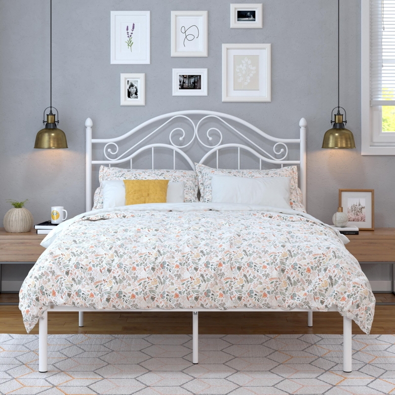 White Metal Platform Bed Vintage Scrollwork Headboard Arched Silhouette