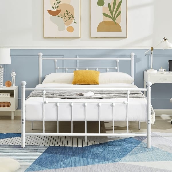White Metal Platform Bed with Spindle Headboard and Ball Finials