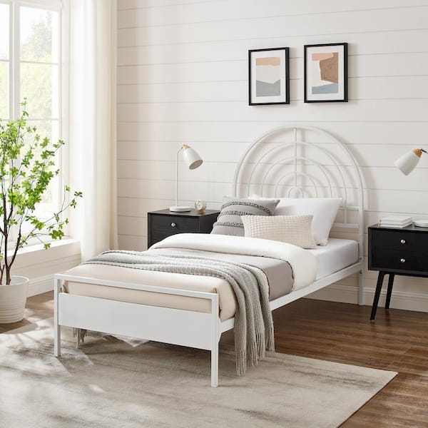 White Metal Twin Bed Sunburst Headboard Radiating Spokes Mid-Century
