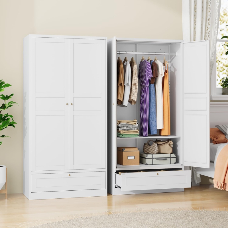 White Metal Wardrobe Closet with Shaker Style Doors and Drawer