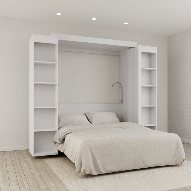 White Murphy Bed Bookcase System with Integrated Reading Light