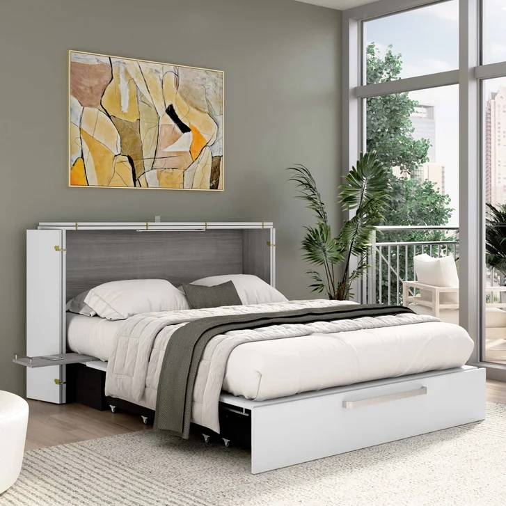 White Murphy Bed Cabinet with Grey Interior Panel and Pull-Out Tray