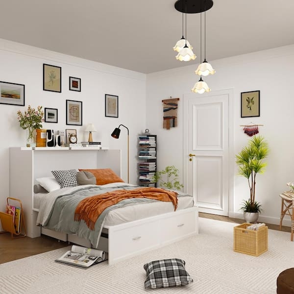 White Murphy Bed Chest with Built-In Drawers & Shelf