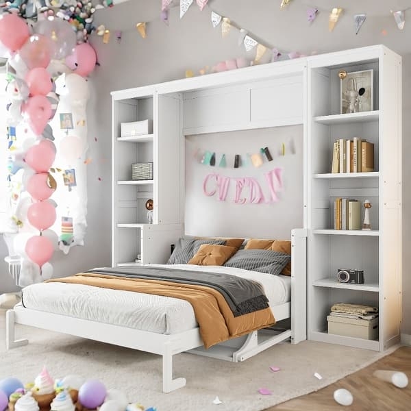 White Murphy Bed with Flanking Bookshelves & Wall Unit