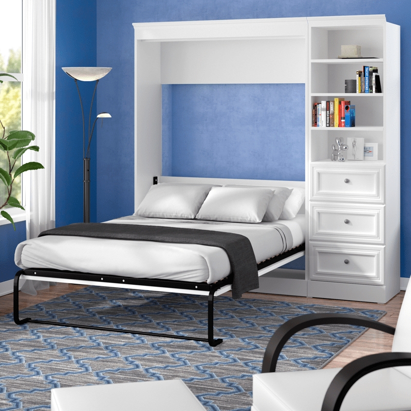 White Murphy Bed with Integrated Storage & Three Drawers