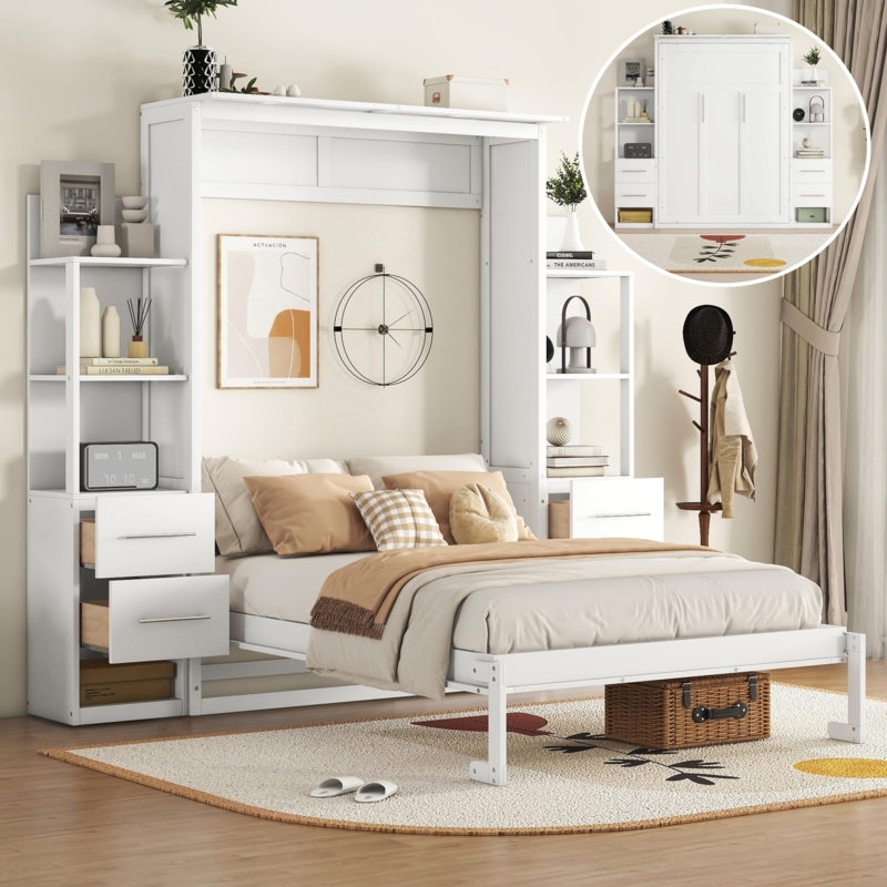 White Murphy Bed with Integrated Storage Towers & Drawers