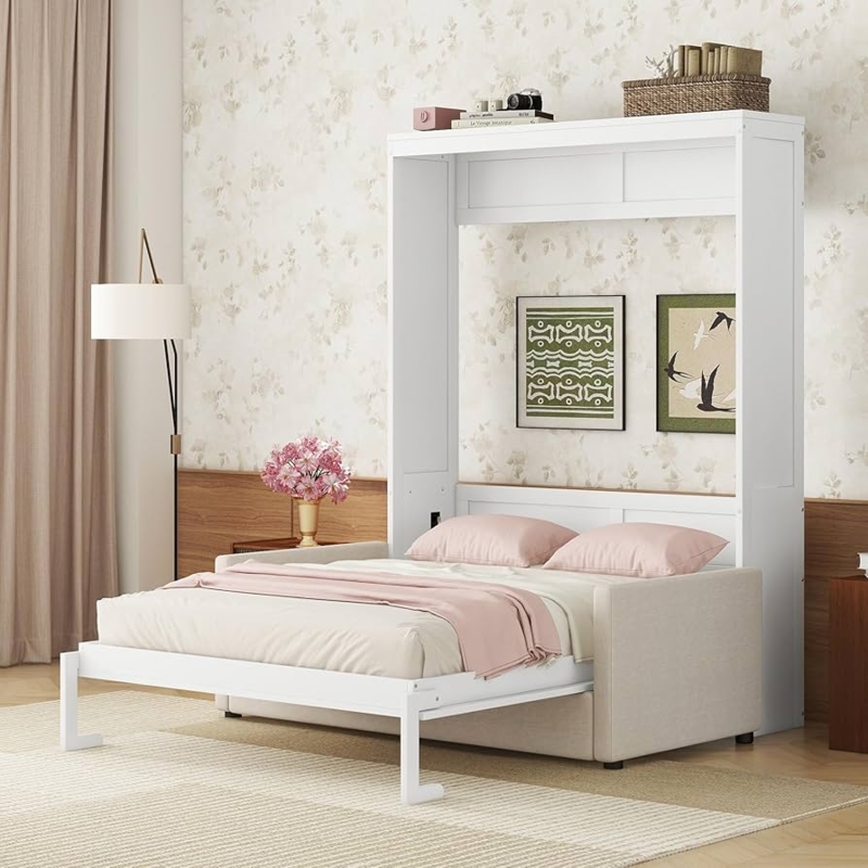 White Murphy Bed With Sofa Integrated Beige Upholstery