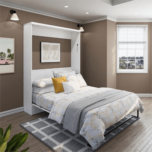 White Murphy Wall Bed with Integrated Headboard Shelf, Matte Finish