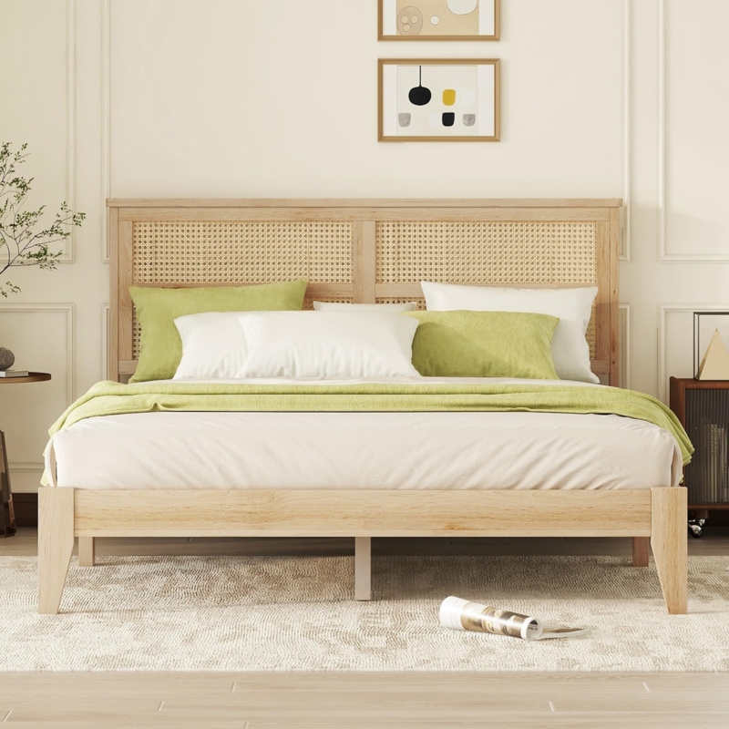 White Oak Bed Frame with Split Panel Rattan Headboard Japandi