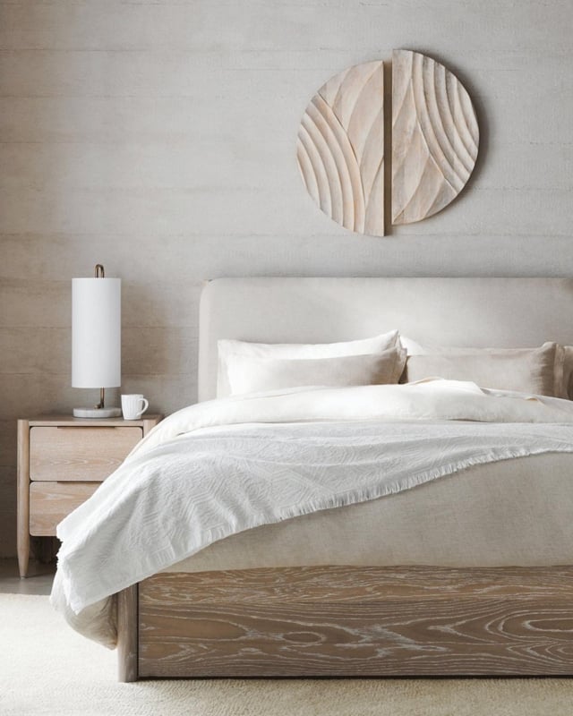 White Oak Storage Bed with Upholstered Headboard