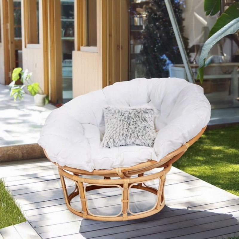 White Outdoor Papasan Chair with Tufted Cushion and Woven Rattan Base