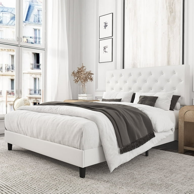 White Platform Bed Diamond Button Tufting Faux Leather