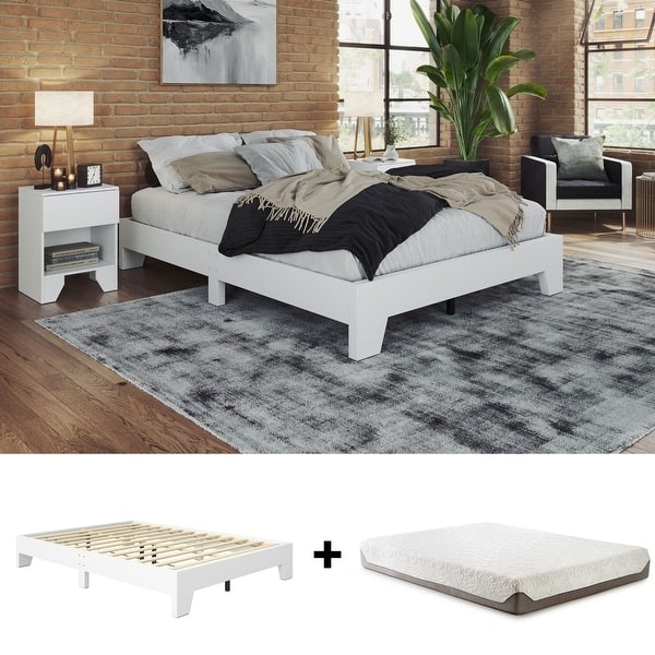 White Platform Bed Frame Mattress Bundle Modern Industrial