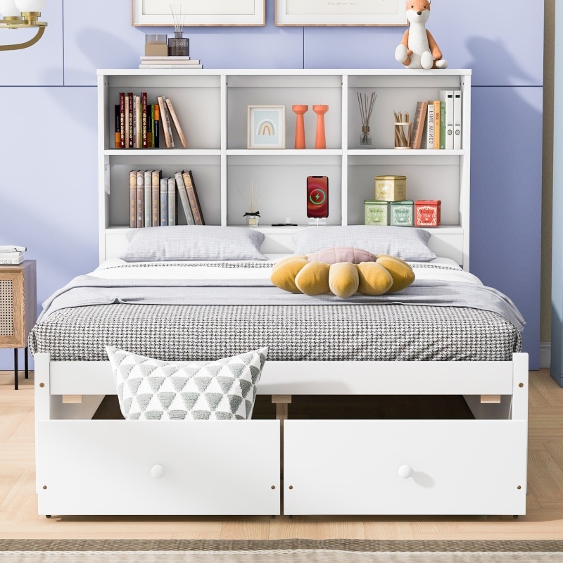 White Platform Bed with Charging Station and Bookcase Headboard