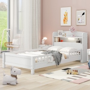 White Platform Bed with Integrated LED Light Headboard and Guard Rails