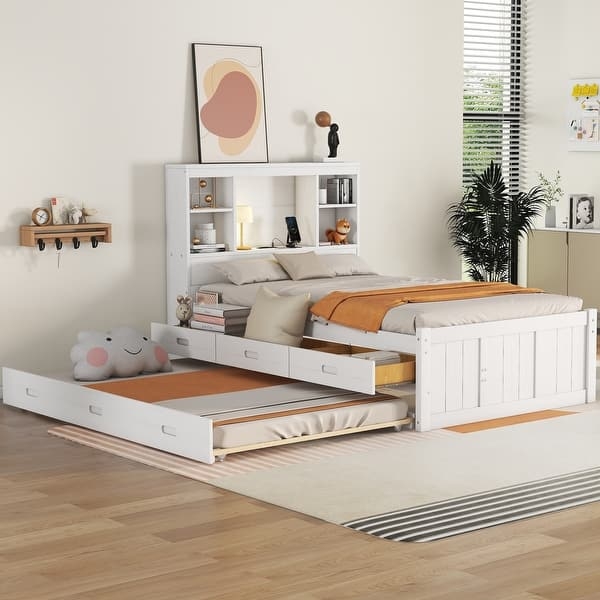 White Platform Bed with Integrated Trundle and Storage Headboard Cubbies