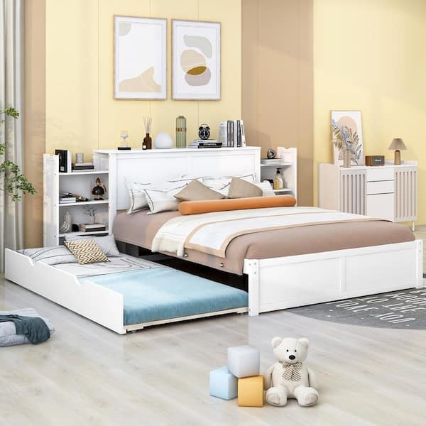 White Platform Bed with Storage Headboard Shelving and Trundle