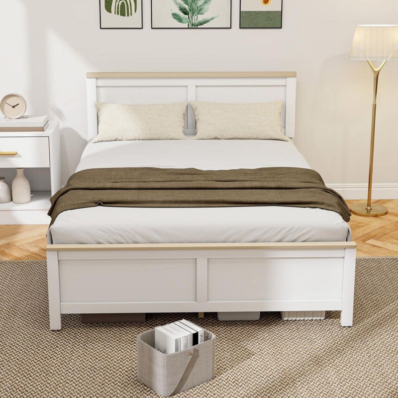 White Platform Bed with Wood Trim Accents and Recessed Panel Design
